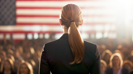 Politician Woman Gives a Speech Against the Backdrop of the US Flag