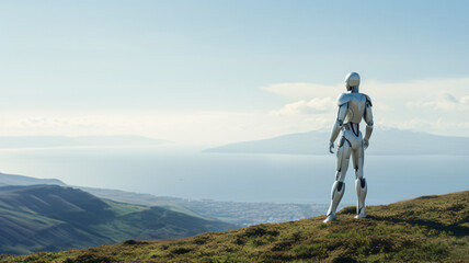 Autonomous humanoid robot standing on a hill, gazing at the natural landscape below, with a valley and a lake or a sea with islands. AI evolution concept with copy space on the vast sky.