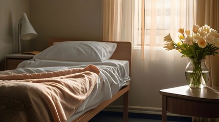 A serene hospital room, with soft sunlight streaming in through the window, a vase of fresh flowers on the bedside table, and a patient peacefully resting in bed.