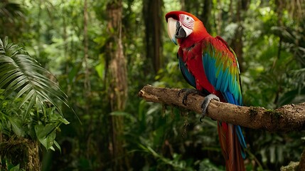 Obraz premium Scarlet Macaw Perched on Branch in Rainforest