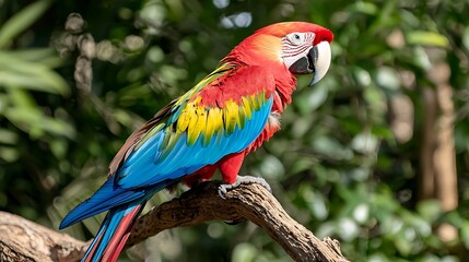 Obraz premium Scarlet Macaw Perched on Branch in Green Foliage