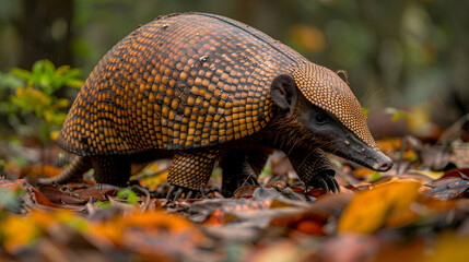 Amazon Giant Armadillo walking through the forest floor, its armored body and long claws visible