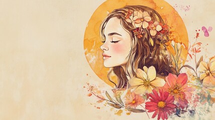 Watercolor illustration of a girl representing the Virgo zodiac sign adorned with floral elements