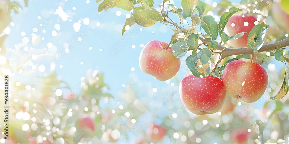 Poster red apples on a branch with bokeh background