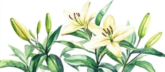 Watercolor illustration of a bush featuring unopened lily buds in a spring garden