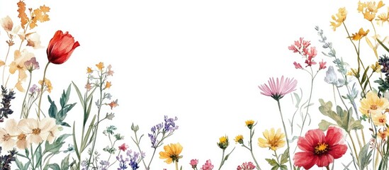 Watercolor floral rectangle frame adorned with hand painted wildflowers plants and herbs Botanical border featuring beautiful blooms
