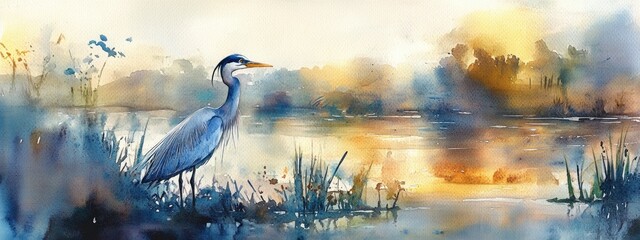 Watercolor illustration of a bird by a lagoon