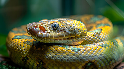 Fototapeta premium Amazon Green Anaconda coiled in a tree, its scales glistening in the sunlight,