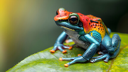 Obraz premium Amazon Green Dart Frog sitting on a bright green leaf, its vibrant colors standing out