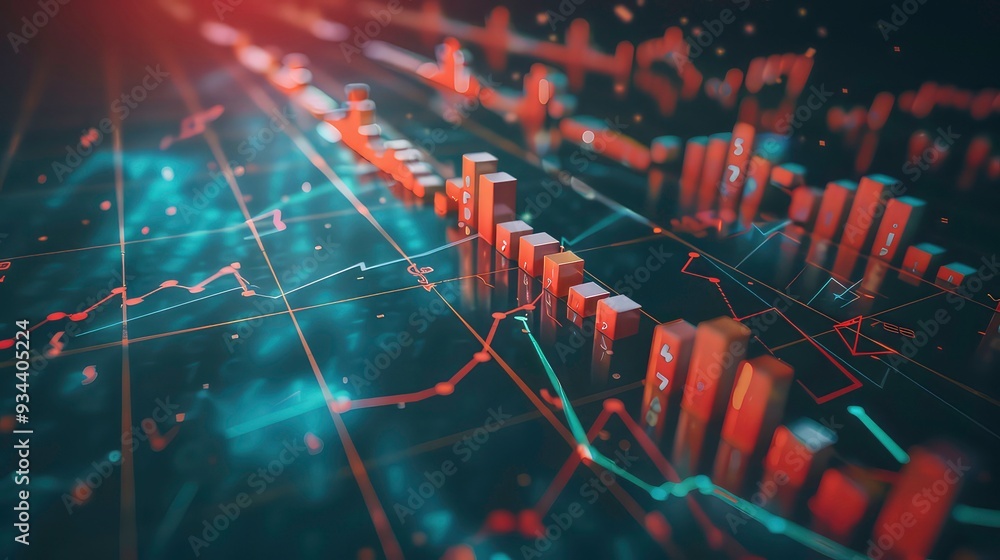 Poster a 3d visualization of a financial graph with orange bars and green lines on a dark background.