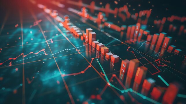 A 3D visualization of a financial graph with orange bars and green lines on a dark background.