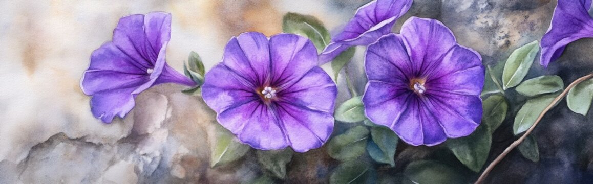 Watercolor depiction of purple ruellia tuberosa flowers blooming in a garden setting