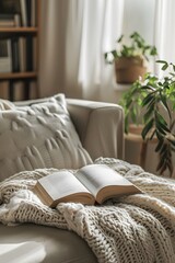 A simple living room scene with a book as the central focus  AI generated illustration