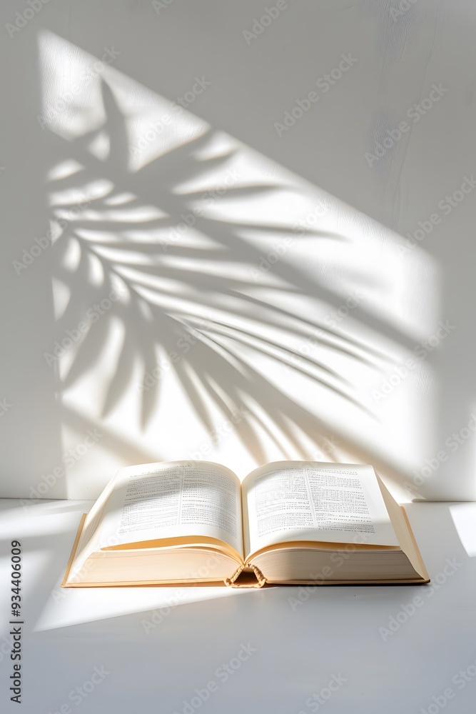 Poster a single book lying on a white background with a natural light source ai generated illustration