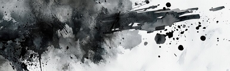 Watercolor illustration featuring white abstract splashes monochrome design suitable for business presentations Includes black geometric accents and fluid gray and dark gray acrylic artwork
