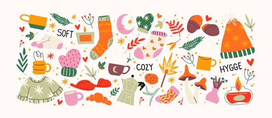 Cozy hygge autumn stickers in cartoon style. Fallen leaves, hot chocolate, cocoa, sweater, harvest time. Set of doodle groovy vector shapes hand drawn
