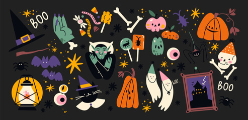 Cartoon halloween stickers magic and witchcraft. 90s wild magic design. Vintage labels: skull, cards, witch hat, grave, eye, potion. Scary patches set 