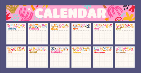 Calendar template. Vertical design with abstract elements of winter, spring, summer, autumn in cartoon retro style of 90s. Doodle bright wall monthly calendar
