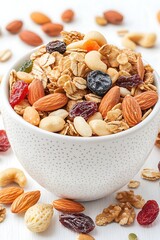 Healthy Granola with Almonds  Cashews  Walnuts  Dried Fruit and Oats in White Bowl