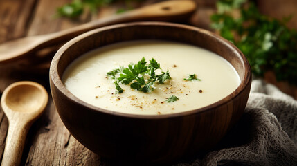  a close up of a potato soup in a wooden bowl