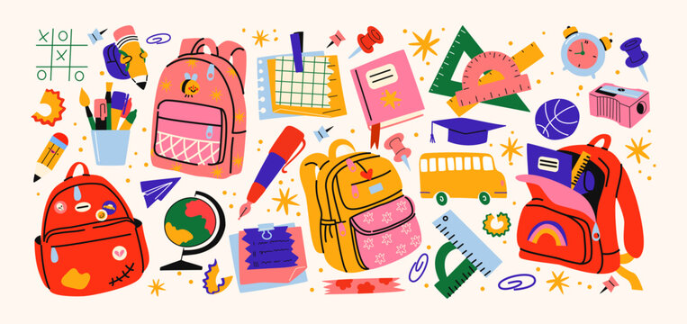 Back to school stickers. Backpacks, school items, stationery, notebooks in retro groovy cartoon style. Vector shapes for study, school, university