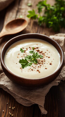 a close up of a potato soup in a wooden bowl,