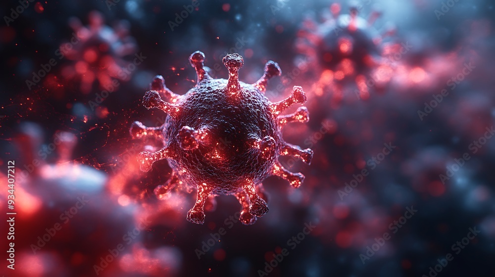 Poster close-up of a virus particle with a red glow.