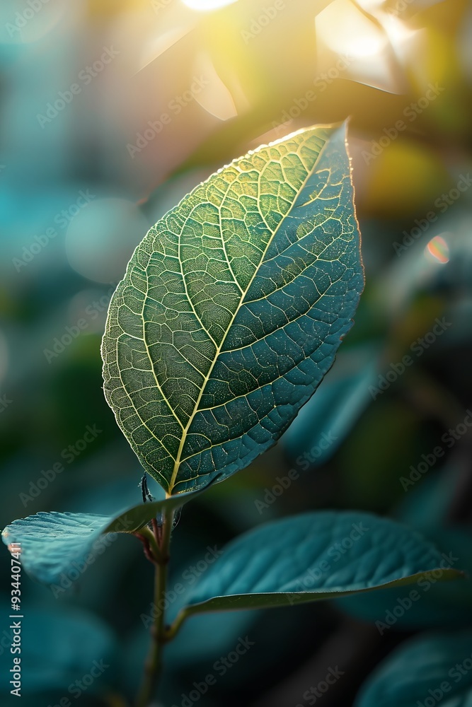 Poster a single leaf on a backdrop of soft filtered sunlight showcasing the intricate patterns ai generated