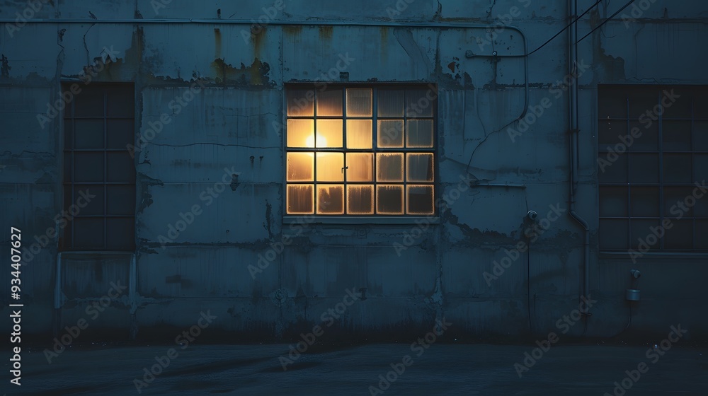 Poster a single light glowing from a window in an otherwise dark desolate building ai generated illustratio