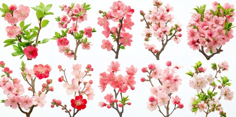 Collection of colorful twig flowers on a spring meadow grass background, isolated on a white background.