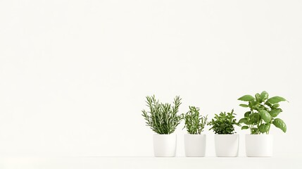 Fresh Herbs in White Pots on White Background