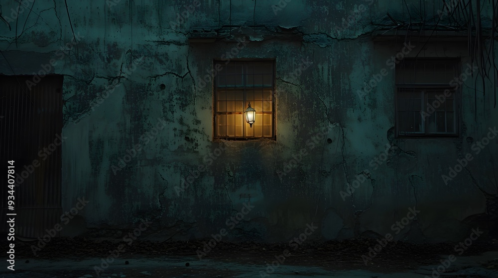 Poster a single light glowing from a window in an otherwise dark desolate building ai generated illustratio
