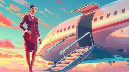 The flight attendant stands confidently at the airplane steps, welcoming passengers to embark on their journey as the sun sets behind her. Generative AI