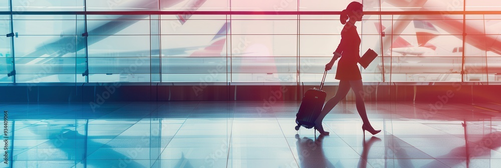 Poster a flight attendant moves confidently through the airport terminal, pulling a suitcase and preparing 