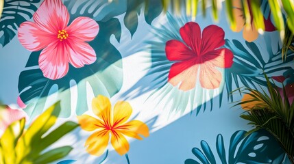 Colorful tropical mural featuring hibiscus flowers and green foliage in a sunny outdoor setting