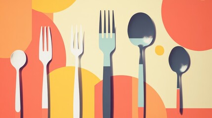 Colorful arrangement of diverse utensils against a vibrant backdrop with geometric shapes