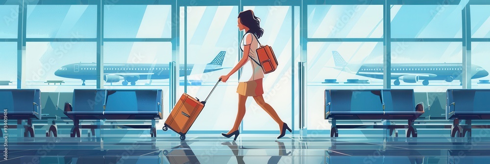 Poster a flight attendant strolls through a bustling airport terminal, pulling a suitcase as she heads towa