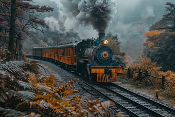 Fototapeta premium Vintage Steam Locomotive Chugging Along a Scenic Autumn Forest Railway at Dusk