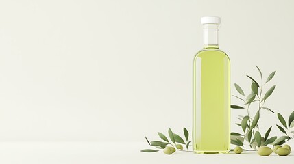 Olive Oil Bottle with Olive Branches and Olives on White Background