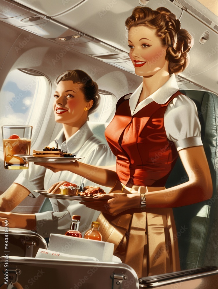 Aufkleber A flight attendant serves meals on a tray, smiling at a passenger who enjoys the in-flight dining experience in the 1950s. Generative AI