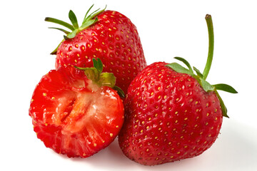 Ripe strawberries, two whole and one bitten close-up isolated on white background