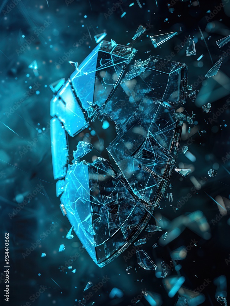 Leinwandbilder a hacker penetrates a digital shield, causing fragments to scatter in a complex cybersecurity landsc