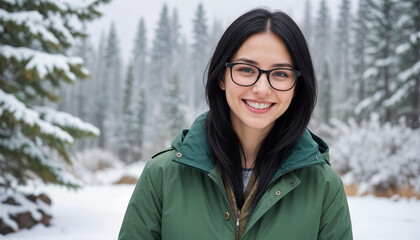 A young woman with long dark hair wearing glasses , a green jacket, smiling in front of a snowy mountain landscape 