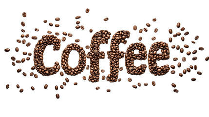 Word "Coffee" made of black and brown coffee beans isolated on transparent background for cafe logo design decoration