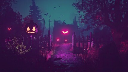 A Glowing Jack-o'-Lantern Path Leading to a Haunted House in the Woods at Night