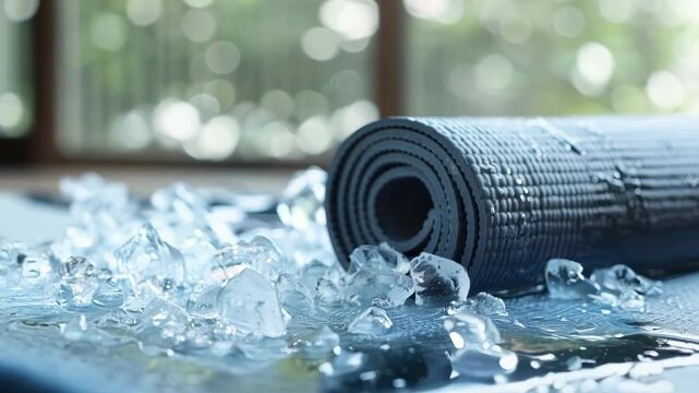 Wet yoga mat is laying on a bed of ice, suggesting the benefits of cold therapy for muscle recovery and relaxation after a workout