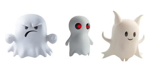 Fototapeta premium Animation Cartoon Style 3D Halloween Ghost Character Collection, Isolated on Transparent Background, PNG