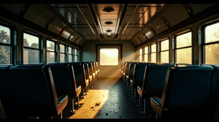 Obraz premium The early morning sunlight fills an empty train carriage, casting long shadows and highlighting dust particles in the air. Rows of seats remain unoccupied