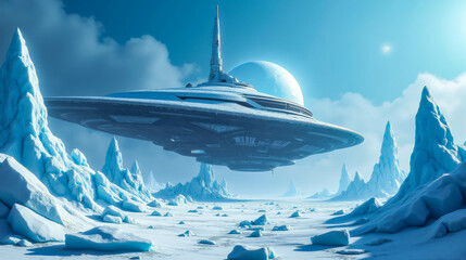 A sleek spacecraft is suspended in the icy atmosphere of an otherworldly terrain, surrounded by towering ice formations and a brilliant sky, creating an astonishing view