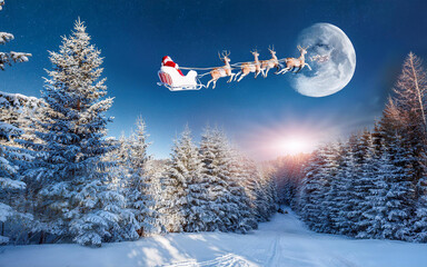 Christmas background with santa claus flying